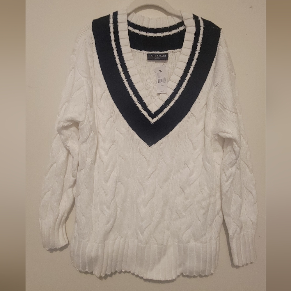 White and Navy V-Neck Cable Knit Sweater